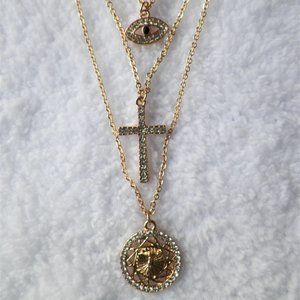 Forever 21 Multi-Layer Necklace Spiritual Protection Cross Crucifix Eye